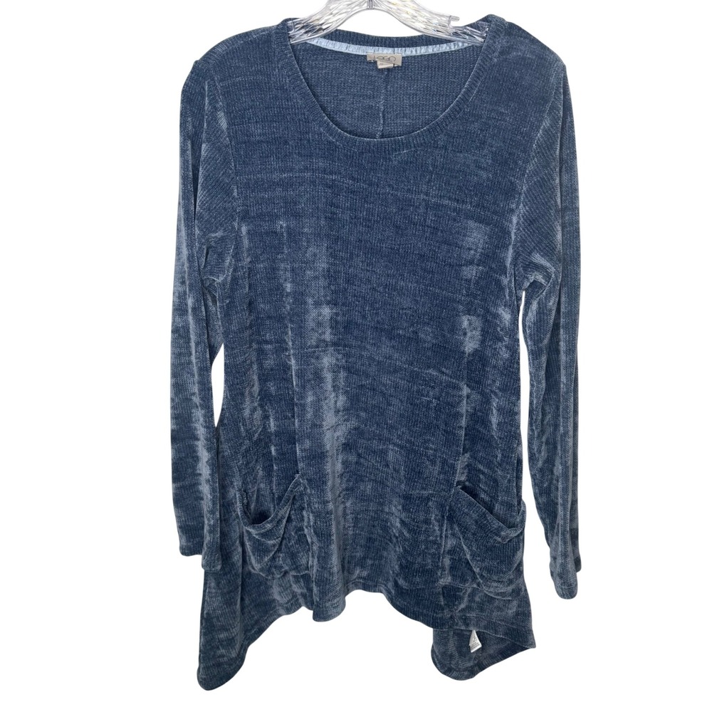 Lori Goldstein Yang Velour Knit Tunic Top Blue Pockets Size Medium